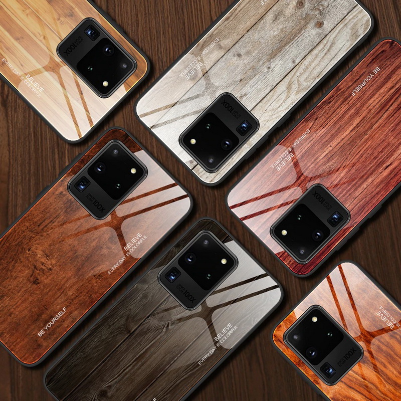 Case Samsung Galaxy S20 Ultra / S20 Ultra 5G #เคสฝาหลังกระจกลายผิวไม้ Case Hard Tempered glass Wood grain protect Back Cover