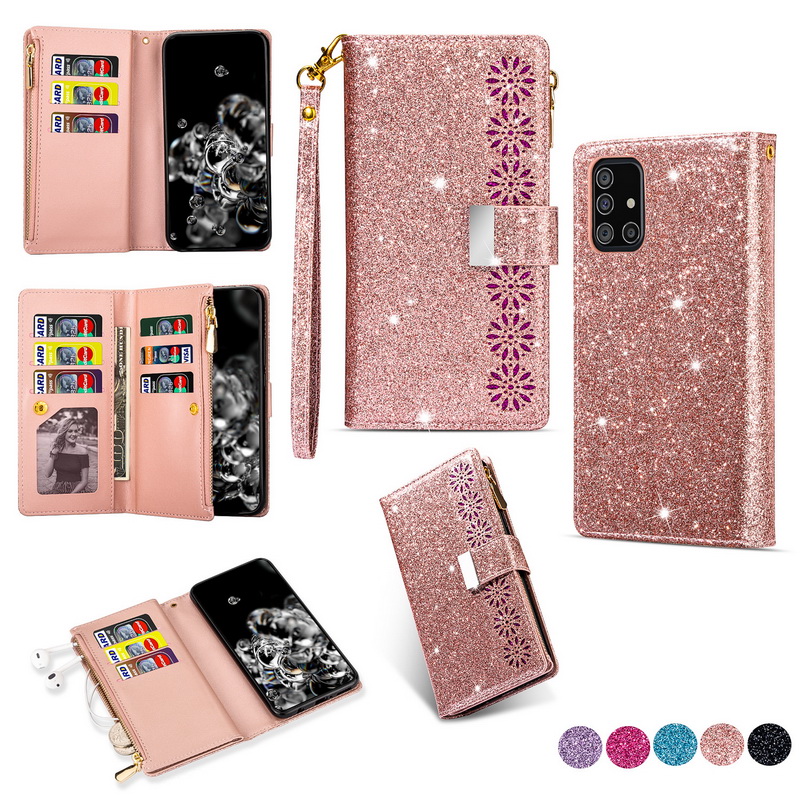 Case Samsung Galaxy A51 #เคสฝาพับแบบกระเป๋าสตางค์ช่องใส่บัตรหลายช่อง Bling Glitter Case Multi-slot Wallet Zippered Leather พร้อมสายคล้อง
