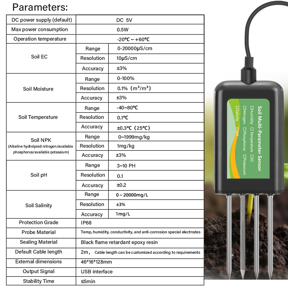 เซ็นเซอร์วัดแบบมือถือ 8-in-1 High Accuracy Soil Sensor Temperature Humidity/EC/Salt/NPK/PH Detection Mobile APP View Data IP68