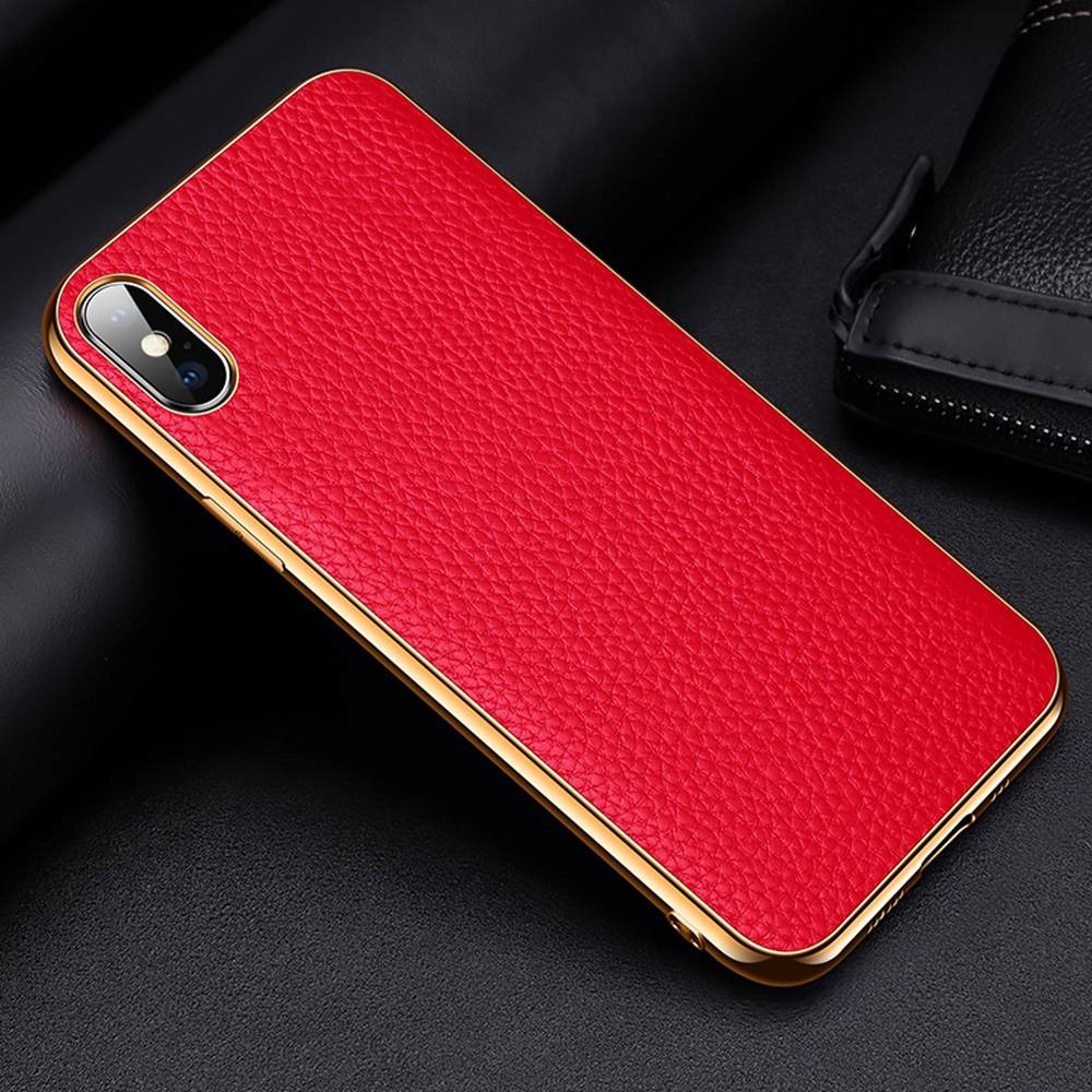 Case iPhone 14#เคสฝาหลังหนังแท้ผิวลิ้นจี่ขอบเงา Luxury genuine leather case with plated ed