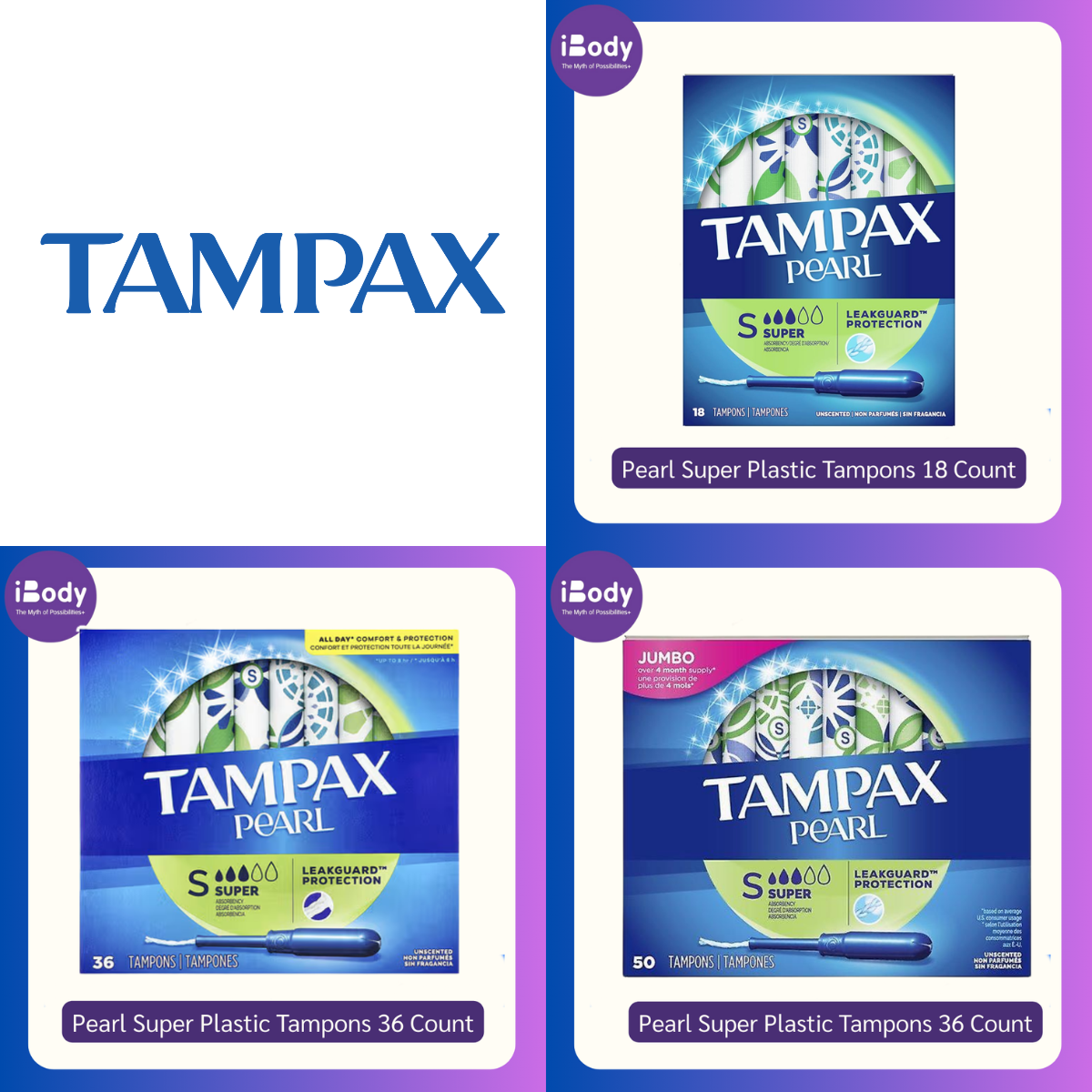 Tampax® Pearl Super Plastic Tampons 5, 15, 18, 36, 50 Count ผ้าอนามัยแบบสอด เหมาะกับวันมาปกติ