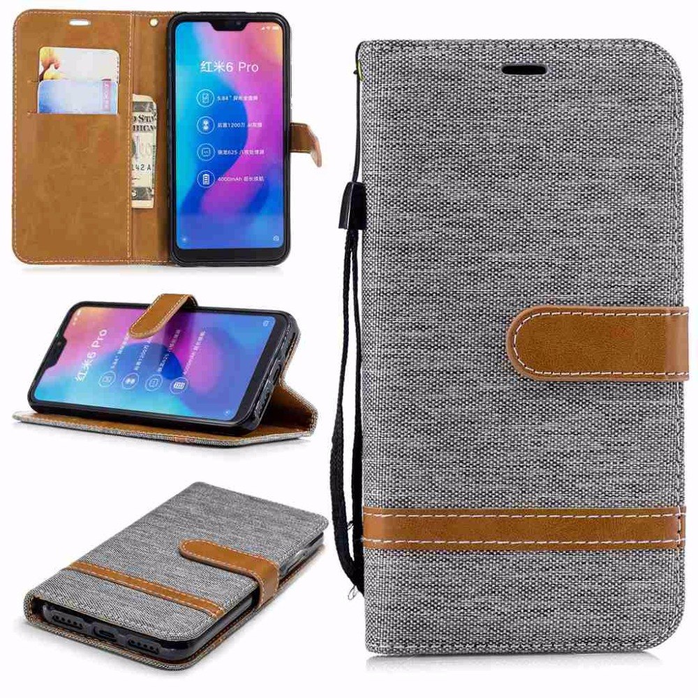 Case Xiaomi Redmi Note 6 Pro #เคสฝาพับหนัง PU พร้อมสายคล้องมือ สีสันสดใส Splicing Jean Cloth PU Leather