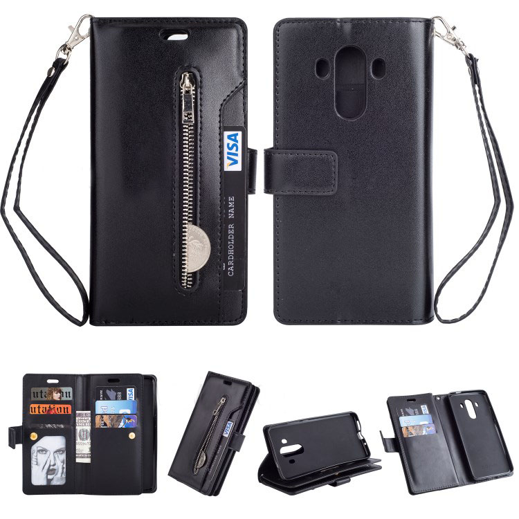 Case Huawei Mate 10 Pro #เคสฝาพับแบบกระเป๋าสตางค์ Multi-slot Wallet Zippered Leather มีช่องใส่บัตรหลายช่อง สีดำ (พร้อมส่ง)