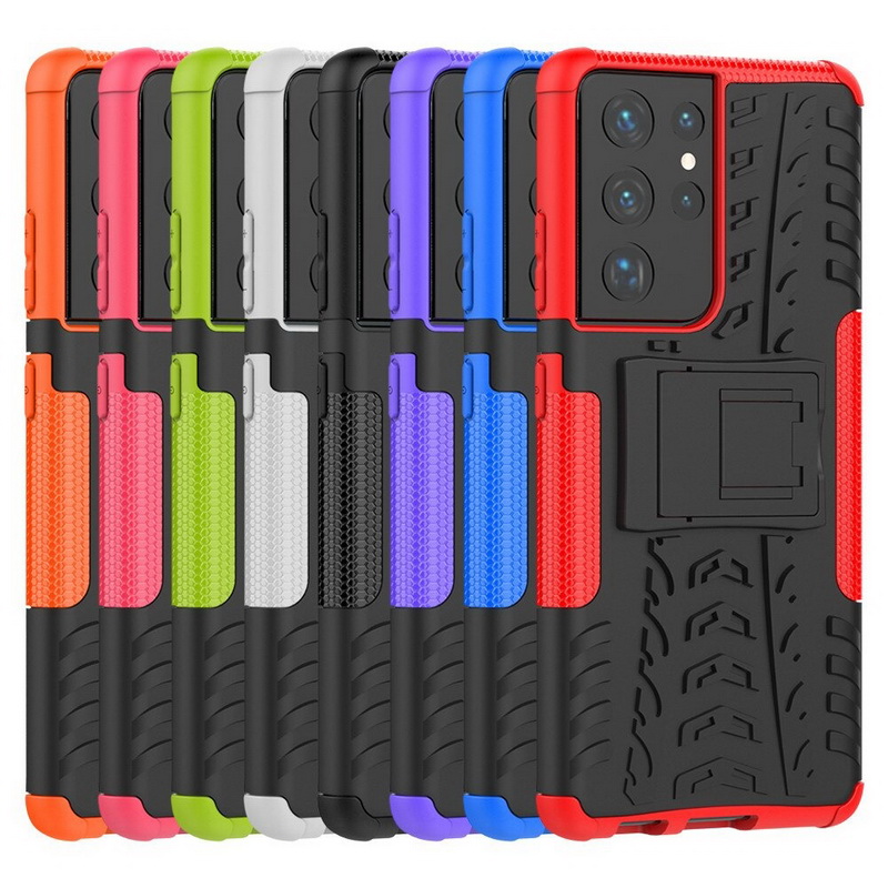 เคส Samsung Galaxy S21 Ultra #เคสฝาหลังกันลื่น Cool Tyre Pattern Kickstand (PC + TPU)