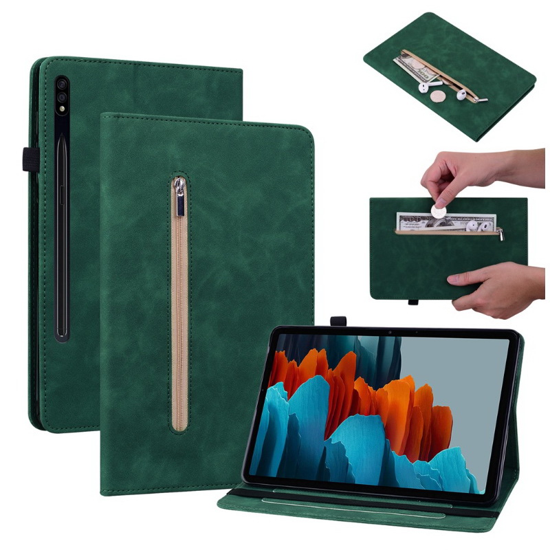 เคส Samsung Galaxy Tab S7 FE 12.4"(T730,T736) #เคสฝาพับหนัง PU ปกด้านหน้ามีช่องซิบ ด้านในช่องใส่บัตร Leather Tablet Stand Cover with Card Holder