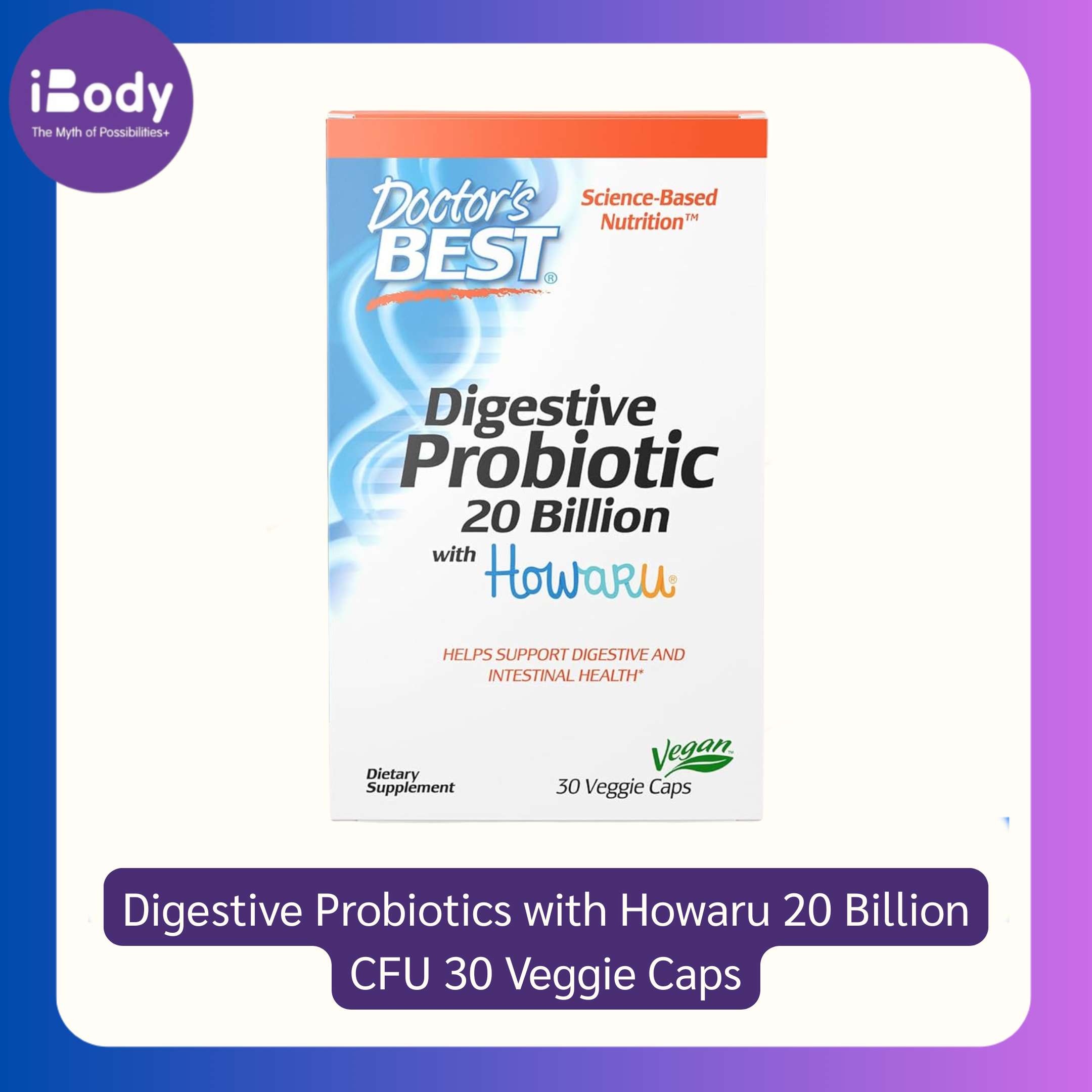 โปรไบโอติกส์ 20,000 ล้านตัว (ุ6 สายพันธ์ุ) Digestive Probiotics with Howaru 20 Billion CFU 30 Veggie Caps (Doctor's Best®)