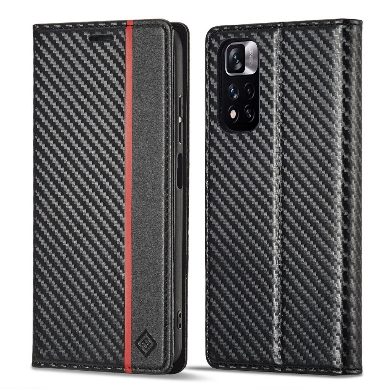 เคส Redmi Note 11 Pro (5G/4G) #เคสฝาพับลายคาร์บอนไฟเบอร์สีดำคาดแดงมีช่องใส่การ์ด Carbon Fiber Wallet Card Slot Magnet Stand Phone Cover