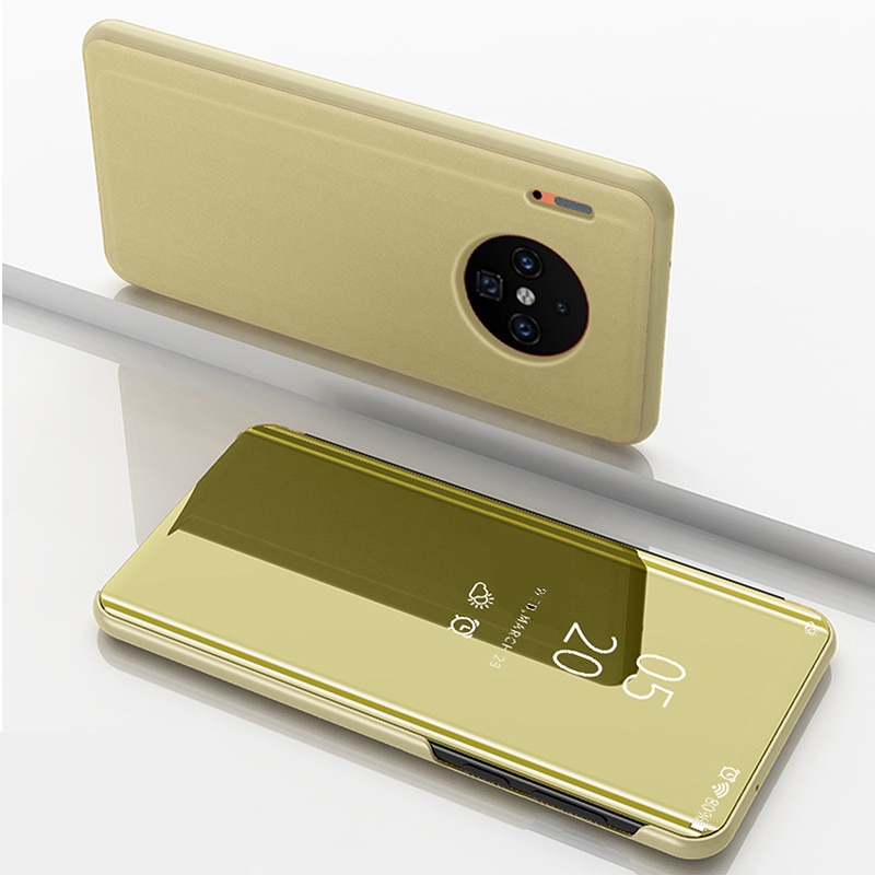 Case Huawei Mate 30 Pro #เคสฝาพับปกโปร่งแสงผิวเงา Electroplating Mirror Surface Window View พร้อมส่ง สีทอง