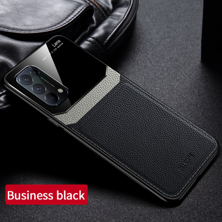 เคส OPPO Reno 5 Pro 5G #เคสฝาหลังไฮบริด PU +TPU + glass สีทูโทน Shockproof Leather Mirror Glass Silicone Phone Back Cover