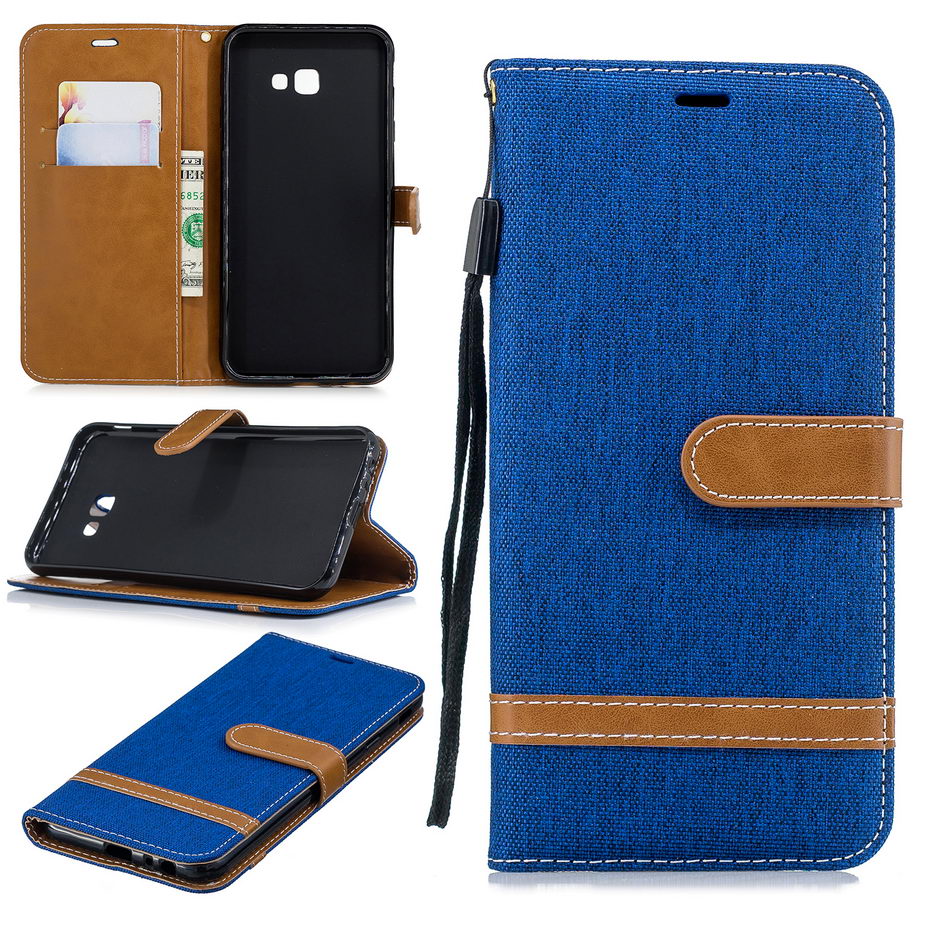 Case Samsung Galaxy J4+ #เคสฝาพับหนัง PU พร้อมสายคล้องมือ สีสันสดใส Splicing Jean Cloth PU Leather