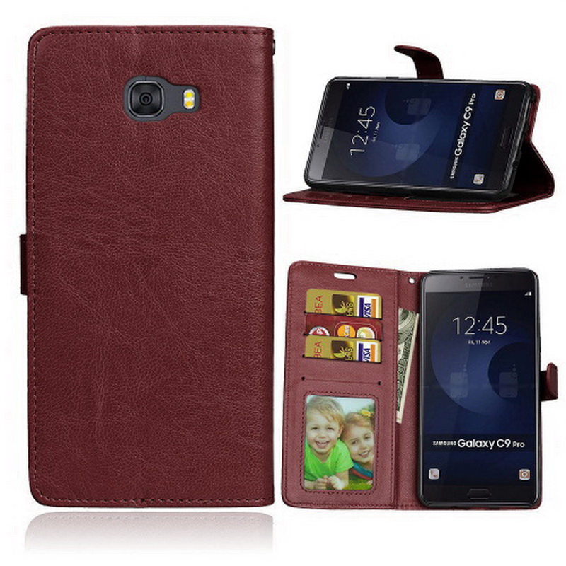 เคส Samsung Galaxy C9 Pro #เคสฝาพับสไตล์กระเป๋าสตางค์ Crazy Horse PU มีช่องใส่บัตร 3 ช่อง #เคสผิวหนังม้า