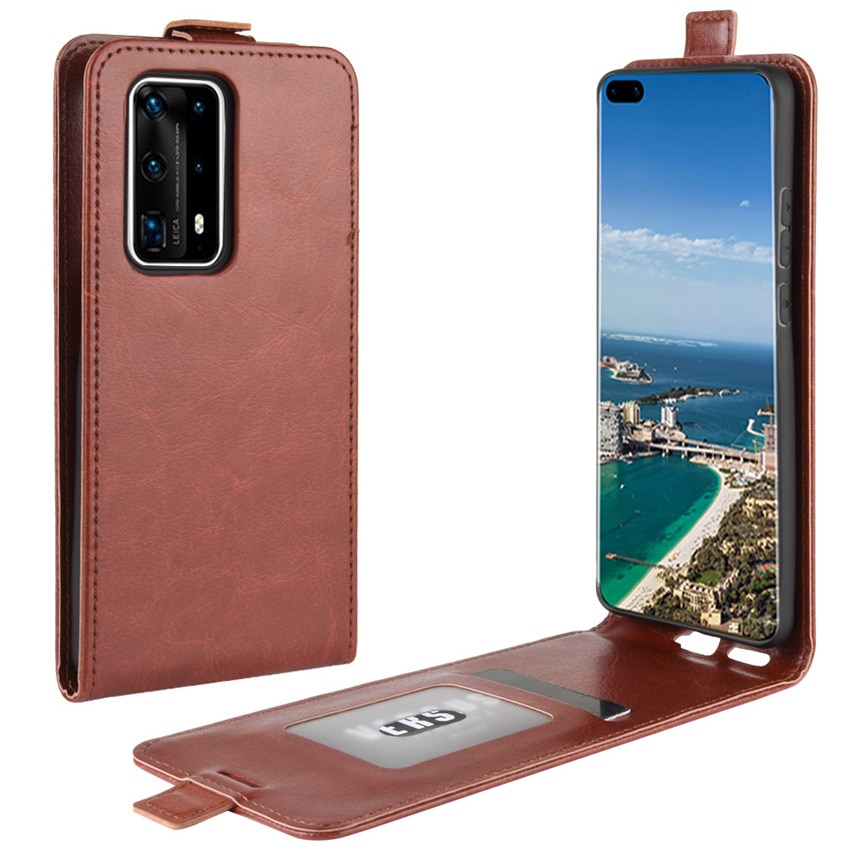 เคส Huawei P40 Pro Plus #เคสฝาพับหนัง PU Crazy Horse แนวตั้ง พร้อมช่องเสียบการ์ด