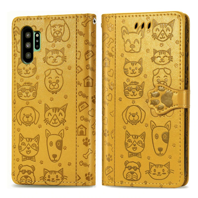 เคส Samsung Galaxy Note 10+ #เคสฝาพับลายการ์ตูนย์แถบปิดแม่เหล็กพับตั้งได้ Cat And Dog Pattern Card Slot Wallet Phone Case