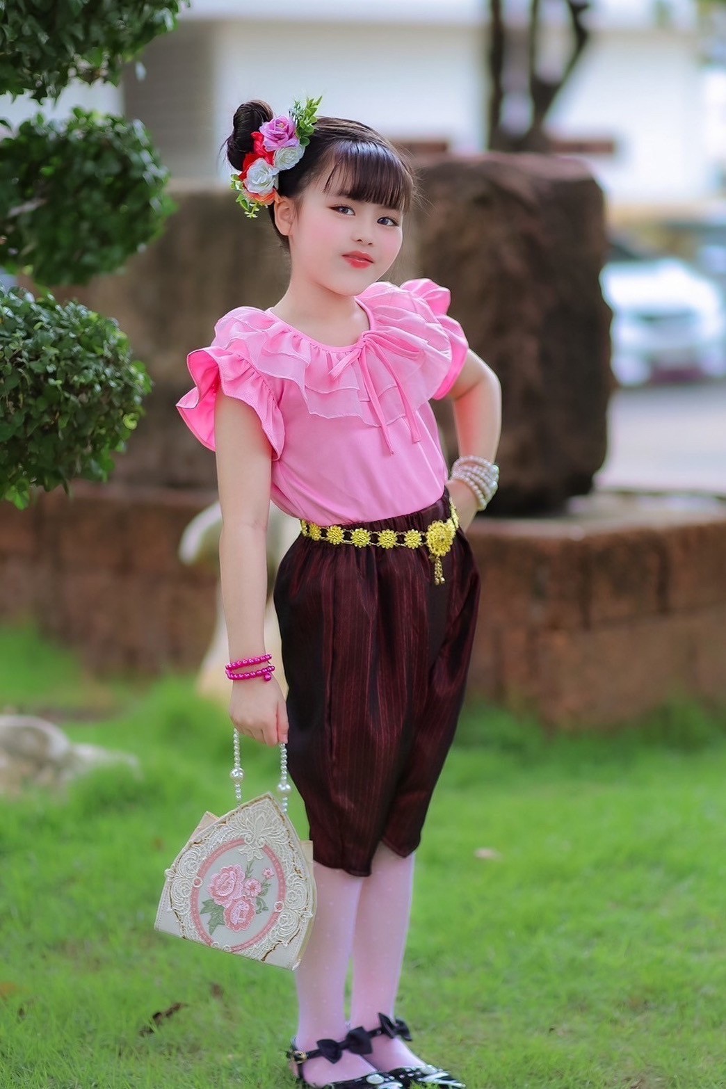 ชุดไทยเด็กหญิงเซท2ชิ้นเสื้อกับโจง