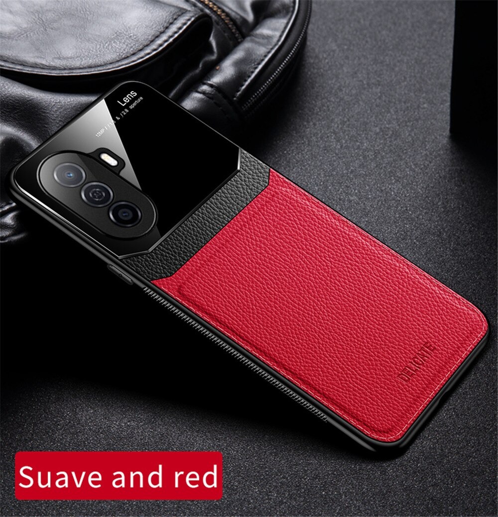 เคส Huawei Nova Y70 #เคสฝาหลังไฮบริด PU +TPU + glass สีทูโทน Shockproof Leather Mirror Glass Silicone Phone Back Cover