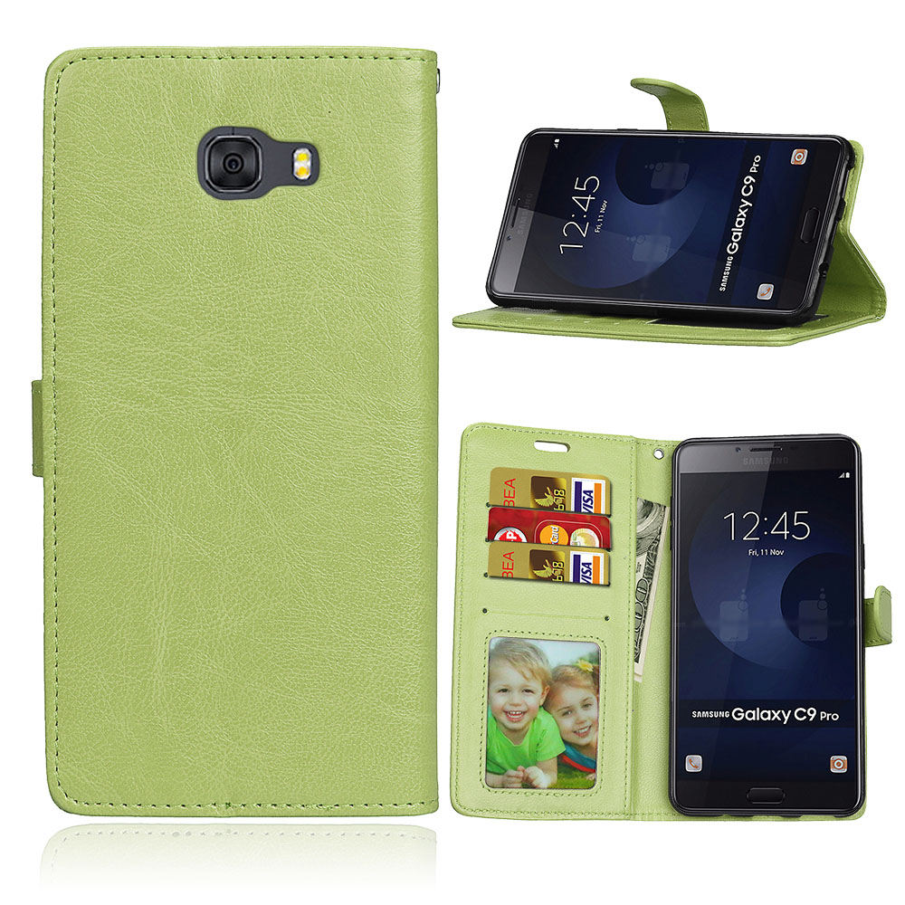 เคส Samsung Galaxy C9 Pro #เคสฝาพับสไตล์กระเป๋าสตางค์ Crazy Horse PU มีช่องใส่บัตร 3 ช่อง #เคสผิวหนังม้า