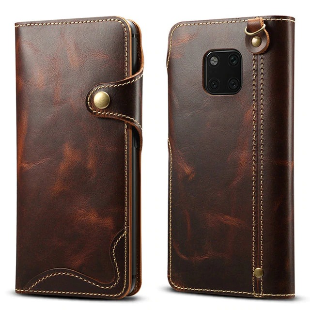 เคส Huawei Mate 20 Pro #เคสฝาพับหนังแท้พร้อมสายคล้อง Genuine Wallet Leather Phone Cover with Lanyard