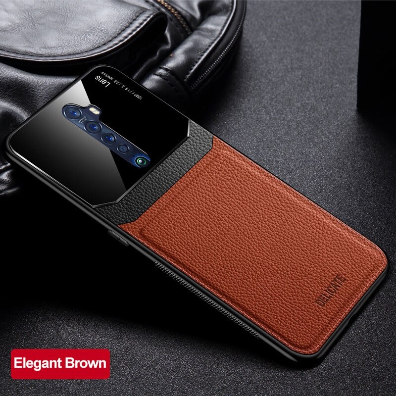 เคส Oppo Reno 2 #เคสฝาหลังไฮบริด PU +TPU + glass สีทูโทน Shockproof Leather Mirror Glass Silicone Phone Back Cover