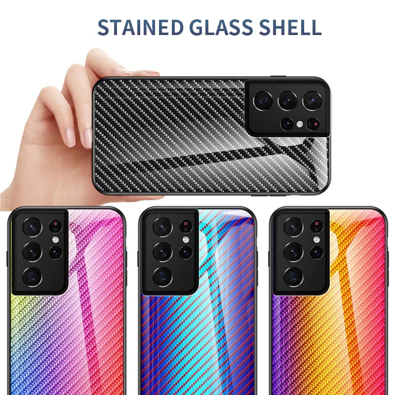 เคส Samsung Galaxy S21 Ultra #เคสฝาหลัง Gradient Color ลายคาร์บอนไฟเบอร์ Carbon fiber texture Glass Hybrid Soft Silicone Cover