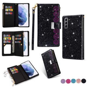 เคส Samsung Galaxy S21 #เคสฝาพับแบบกระเป๋าสตางค์ช่องใส่บัตรหลายช่อง Bling Glitter Case Multi-slot Wallet Zippered Leather พร้อมสายคล้อง