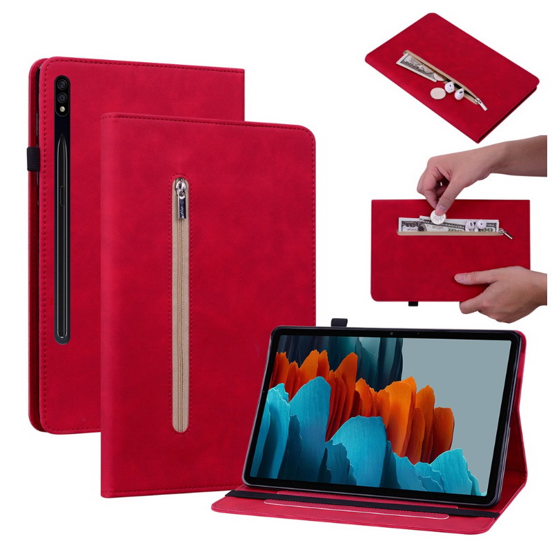 เคส Samsung Galaxy Tab S7 FE 12.4"(T730,T736) #เคสฝาพับหนัง PU ปกด้านหน้ามีช่องซิบ ด้านในช่องใส่บัตร Leather Tablet Stand Cover with Card Holder