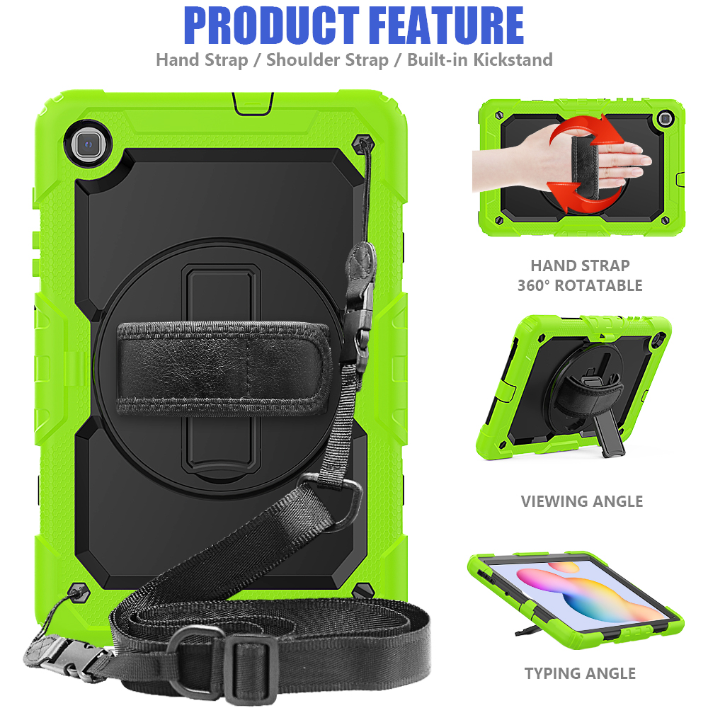 เคส Samsung Galaxy Tab S6 Lite 10.4 SM-P610 P615 P617 #เคสฝาหลังมีสายรัดสวมมือ มีสายคล้องไหล่ 3 Layer Silicon Plastic Stand cover with strap