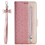 Case Samsung Galaxy S24 5G #เคสฝาพับแบบกระเป๋าสตางค์หนัง PU มีช่องซิปลายลูกไม้ลายดอกไม้