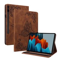 เคส Samsung Galaxy Tab S8 5G 11 นิ้ว SM-X700 SM-X706 #เคสฝาพับหนัง PU ลายผีเสื้อ Flip Cover Butterfly Flower Imprinted Card Leather สีน้ำตาล