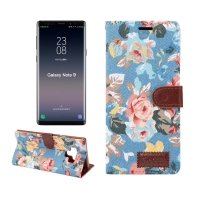 เคส Samsung Galaxy Note 9 #เคสฝาพับหนัง PU ผิวผ้าลายดอกไม้ เคสคุณภาพดีราคาถูก สีฟ้า