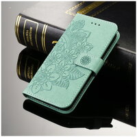 เคส realme 8 (5G) #เคสฝาพับแบบกระเป๋าสตางค์หนัง PU ลายนูนมีช่องใส่บัตรลายดอกไม้ สีเขียว
