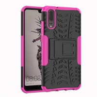 Case Huawei P20 #เคสฝาหลังกันลื่น Cool Tyre Pattern Kickstand (PC + TPU) สีโรส