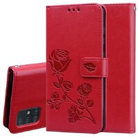 Case Samsung Galaxy A51 #เคสฝาพับหนัง PU ลายดอกกุหลาบแบบกระเป๋าสตางค์ Imprinted Rose Leather สีแดง
