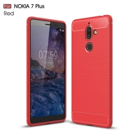 เคส Nokia 7 plus #เคสฝาหลังตกแต่งคาร์บอนไฟเบอร์ ผิวขัดแปรง Brushered TPU Back Case สีแดง