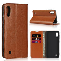 Case Samsung Galaxy A10 #เคสฝาพับแบบกระเป๋าสตางค์หนังแท้ Crazy Horse Genuine Leather Wallet Shell สีน้ำตาล