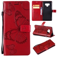 เคส Samsung Galaxy Note 9 #เคสฝาพับหนัง PU Imprint Butterflies Pattern สีแดง