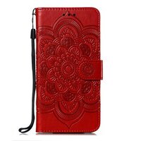 Case Huawei Y7p #เคสฝาพับหนัง PU ปั้มลาย Imprint Mandala Flower สีแดง