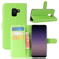 Case Samsung Galaxy A8+ (2018) #เคสฝาพับสไตล์กระเป๋าสตางค์หนัง PU ผิวลิ้นจี่ สีเขียว
