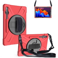 เคส Samsung Galaxy Tab S8 Plus 12.4นิ้ว (SM-X800 / SM-X806) #เคสฝาหลังกันกระแทก X-Shape 360 Degree Rotary Kickstand PC + Silicone มีสายคล้องมือ สายคล้องไหล่ สีแดง