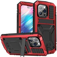 Case iphone 15 pro max #เคสกันกระแทก ป้องกันเต็มรูปแบบมีขาตั้งพับได้ โลหะ + ซิลิโคน + PC สีแดง