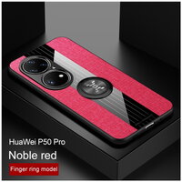 เคส Huawei P50 Pro #เคสฝาหลังเคลือบผ้าเนื้อมีแหวนสวมนิ้ว TPU ไฮบริด+อะคริลิ + แหวนโลหะ [ในตัวแผ่นโลหะแม่เหล็ก] Fashion Woven Cloth Casing Finger Ring Holder Back Case สีแดง