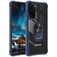 เคส Samsung Galaxy S21 FE 5G #เคสฝาหลังใสขอบทึบ +TPU Hybrid Case มีแหวนสวมนิ้วโลหะ ขอบสีน้ำเงิน
