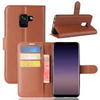 Case Samsung Galaxy A8+ (2018) #เคสฝาพับสไตล์กระเป๋าสตางค์หนัง PU ผิวลิ้นจี่ สีน้ำตาล