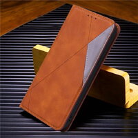 เคส Samsung Galaxy A20s #เคสฝาพับหนัง PU มีช่องเสียบ ID บัตรอื่นๆในตัว Geometric Pattern Leather Card Holder Protective สีน้ำตาล
