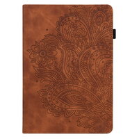 เคส Samsung Galaxy Tab S8, SM-X700, SM-X706, 11 นิ้ว #เคสแบบฝาพับหนัง PU พิมพ์ลาย 3D Flower Embossed Tablet Flip Stand Soft TPU Back สีน้ำตาล