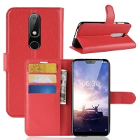 เคส Nokia 5.1 Plus #เคสฝาพับสไตล์กระเป๋าสตางค์หนัง PU ผิวลิ้นจี่ Litchi Skin Leather Stand Cover สีแดง