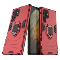 เคส Samsung Galaxy S22 Ultra 5G #เคสฝาหลังพลาสติกแข็ง +TPU Hybrid Case มีแหวนสวมนิ้วโลหะ สีแดง