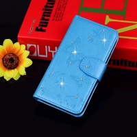 เคส Samsung Galaxy A8 (2018) #เคสฝาพับหนัง PU พิมพ์ลายดอกไม้ผีเสื้อประดับ Rhinestone สีฟ้า