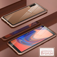 Case Samsung Galaxy A7 (2018) #เคสไฮฮบริด กรอบโลหะ + แผ่นหลังกระจกนิรภัยถอดออกได้แบบแม่เหล็ก สีบรอนส์
