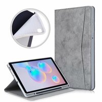 Case Samsung Galaxy Tab S6 Lite 10.4 SM-P610 P615 P617 #เคสฝาพับหนัง PU ลายผิวผ้ามีช่องใส่ปากกา with Pencil Holder Stand Business Card Slot Cover สีเทา