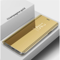 เคส Vivo Y19 #เคสฝาพับปกโปร่งแสงผิวเงา Electroplating Mirror Surface Window View สีทอง